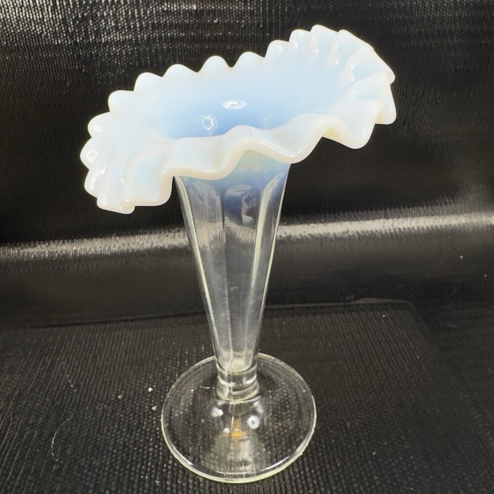 Antique Opalescent Glass Vase Vessel Clear White Ruffled‎ Edges Glass Vase VTG